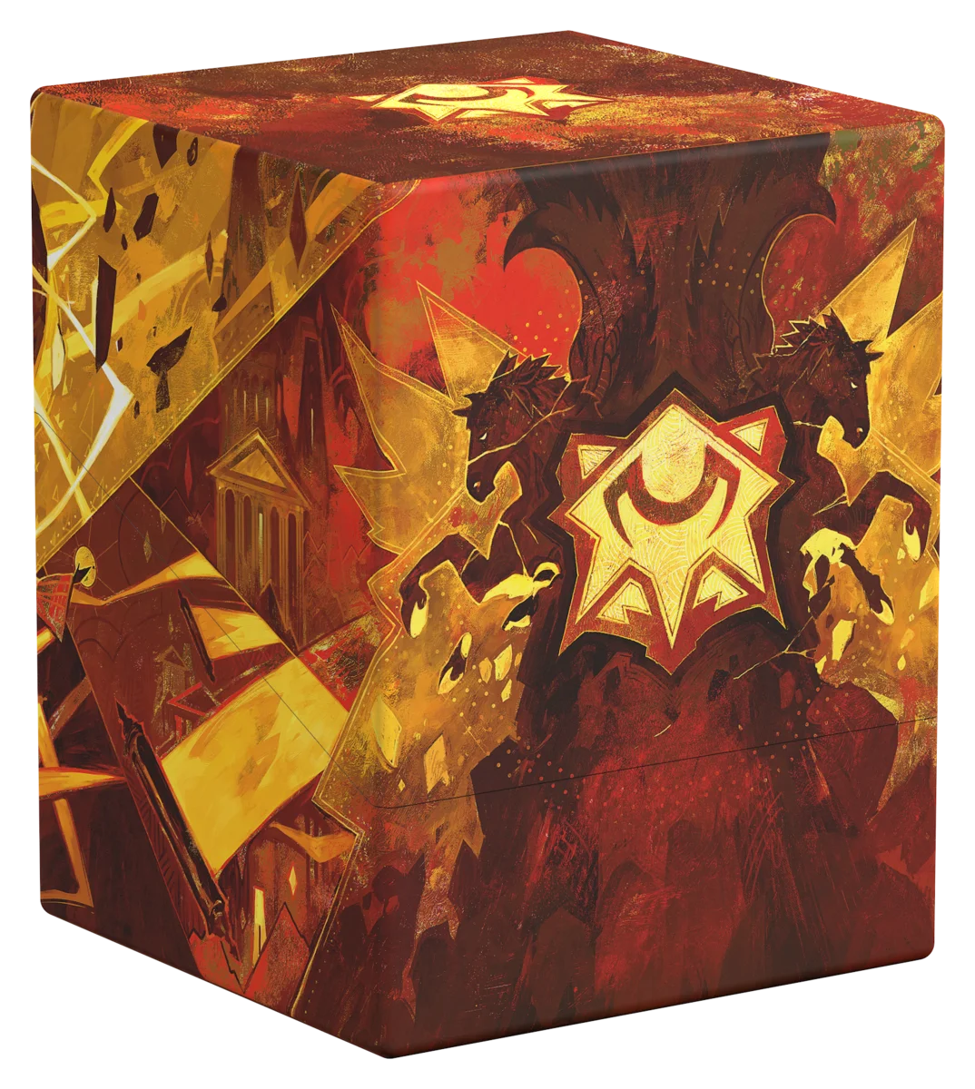 Ultimate Guard Boulder 100+: Secrets of Strixhaven - Lorehold - Red and gold card storage box with a glowing emblem and fantasy artwork from Secrets of Strixhaven - Lorehold.