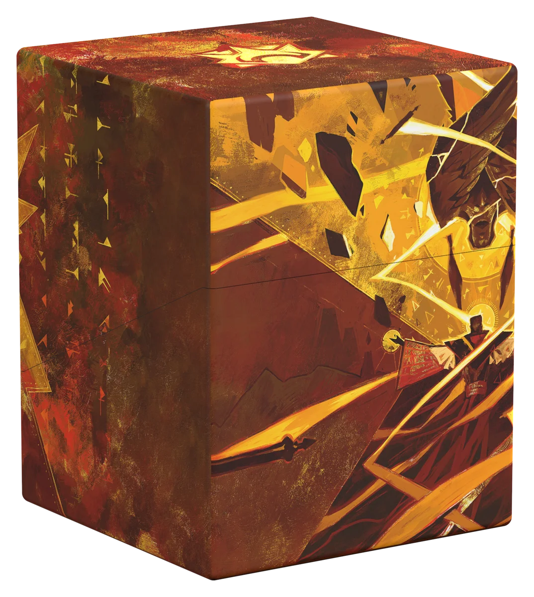 Ultimate Guard Boulder 100+: Secrets of Strixhaven - Lorehold - Orange and brown cube-shaped card storage box with abstract fiery Lorehold-themed artwork and textured design.