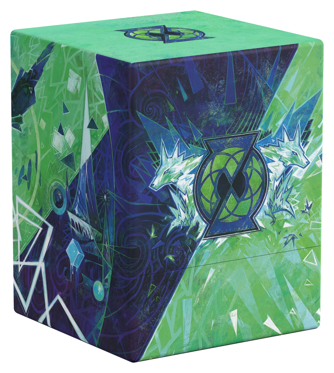 Ultimate Guard Boulder 100+: Secrets of Strixhaven - Quandrix (PREORDER) - Green and blue cube-shaped card storage box with magical symbols and dragon illustrations.