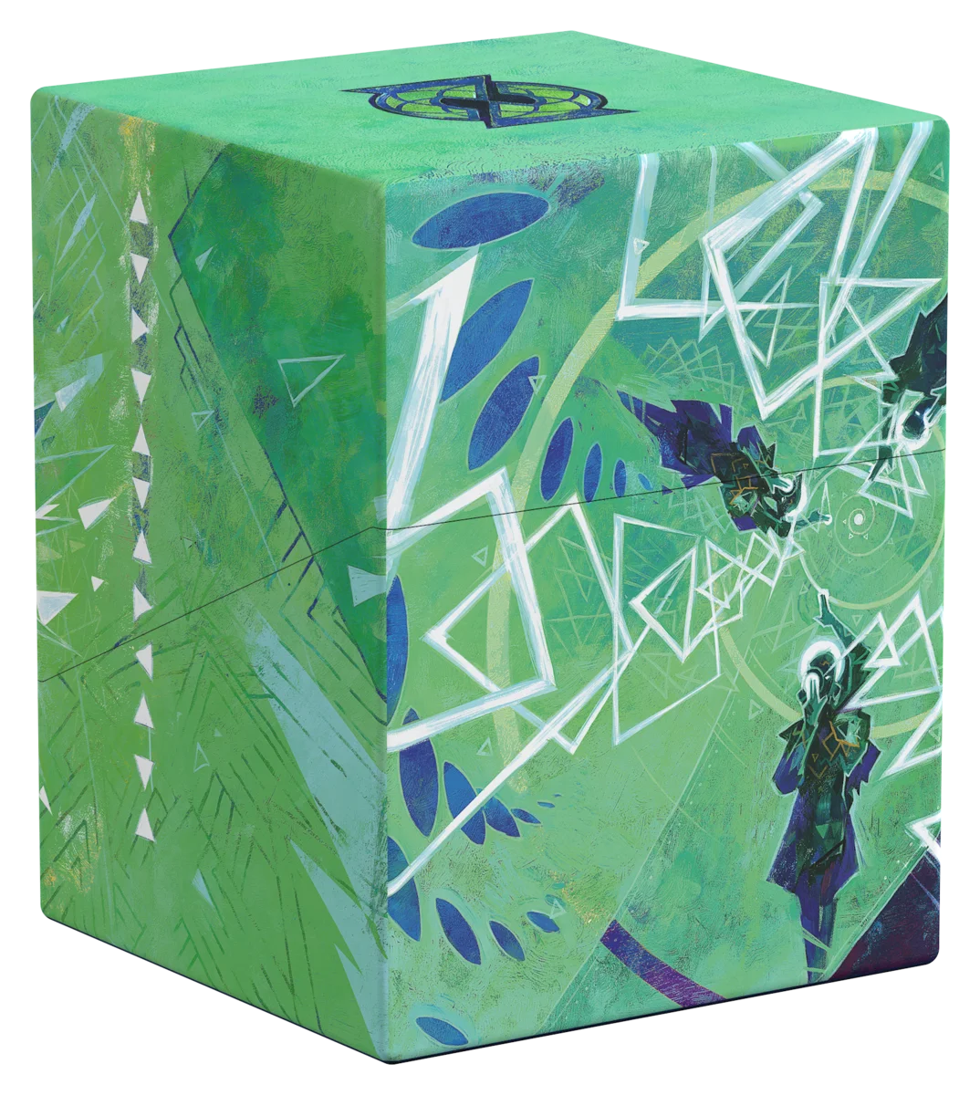 Ultimate Guard Boulder 100+: Secrets of Strixhaven - Quandrix (PREORDER) - Green rectangular card storage box with white geometric patterns and fantasy character artwork on the front.