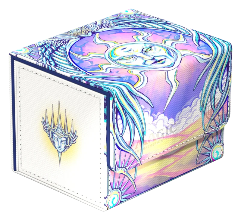 Ultimate Guard 100+ Sidewinder: Magic: The Gathering: Mana Token - Plains (PREORDER) - Holographic pastel blue and purple card storage box with intricate sun and winged design, white panel featuring golden crown