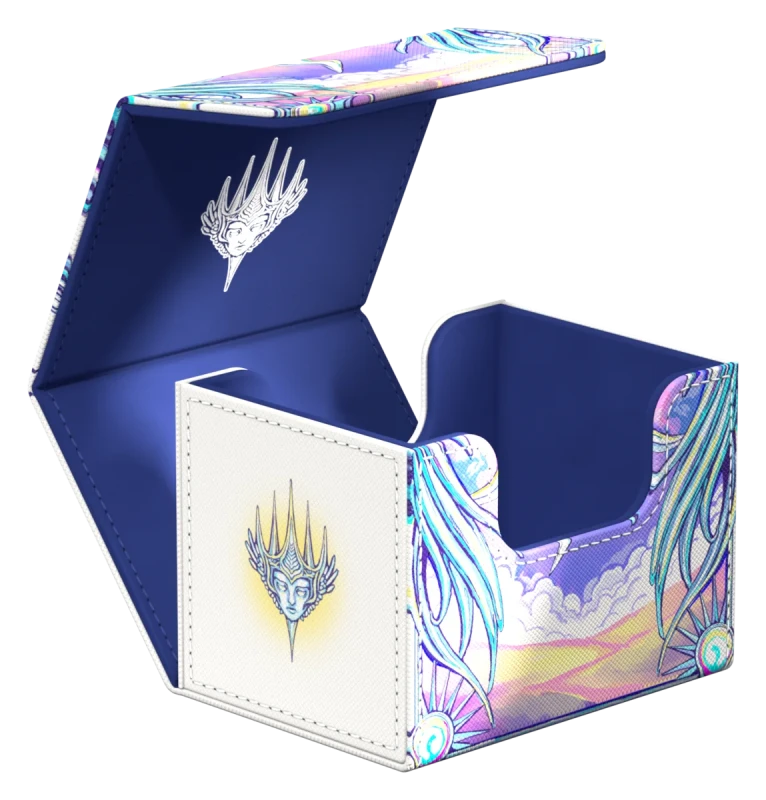Ultimate Guard 100+ Sidewinder: Magic: The Gathering: Mana Token - Plains (PREORDER) - Iridescent card storage box with white and blue accents, decorated with intricate wing and crystal designs, open to reveal a