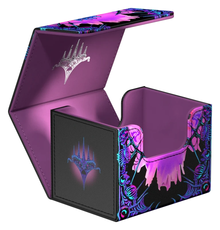Ultimate Guard 100+ Sidewinder: Magic: The Gathering: Mana Token - Swamp (PREORDER) - Purple and black Ultimate Guard Sidewinder deck box with vibrant skeleton and bone artwork, open showing spacious interior.