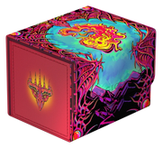 Ultimate Guard 100+ Sidewinder: Magic: The Gathering: Mana Token - Mountain (PREORDER) - Colorful cube-shaped card storage box with fiery mountain mana token design and intricate red and purple patterns.