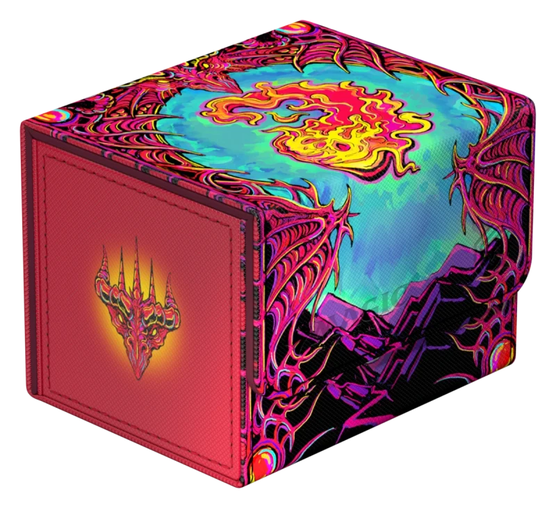 Ultimate Guard 100+ Sidewinder: Magic: The Gathering: Mana Token - Mountain (PREORDER) - Colorful cube-shaped card storage box with fiery mountain mana token design and intricate red and purple patterns.