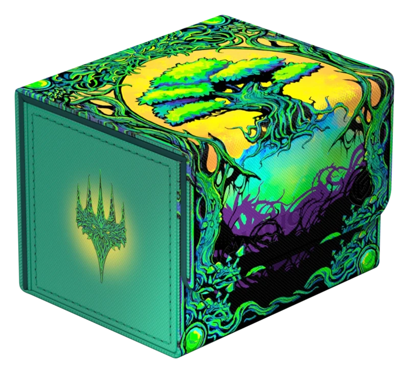 Ultimate Guard 100+ Sidewinder: Magic: The Gathering: Mana Token - Forest (PREORDER) - Green and black cube-shaped card storage box with detailed forest artwork and mana symbol on the side.