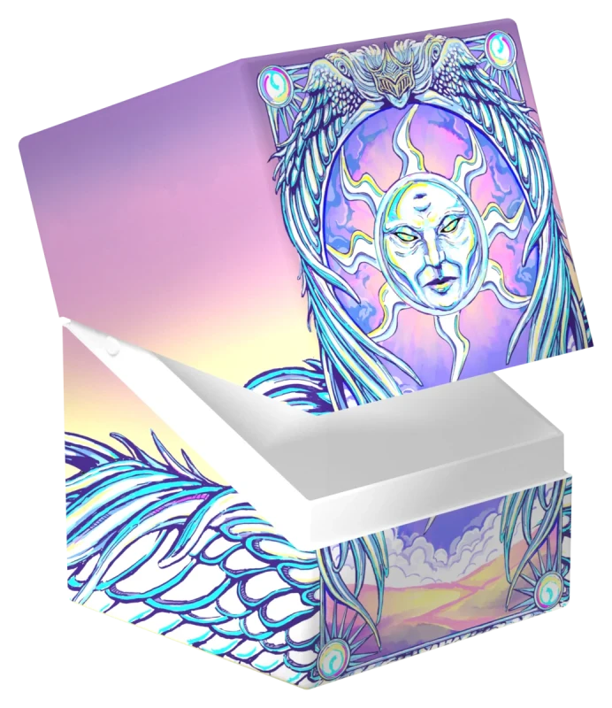 Ultimate Guard 100+ RTE Boulder: Magic: The Gathering: Mana Token - Plains (PREORDER) - Open rectangular storage box with pastel purple and blue hues, featuring intricate winged sun face design on the lid and.