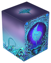 Ultimate Guard 100+ RTE Boulder: Magic: The Gathering: Mana Token - Island (PREORDER) - Purple and blue cube-shaped card storage box with intricate aquatic-themed designs and glowing blue mana symbol on front.