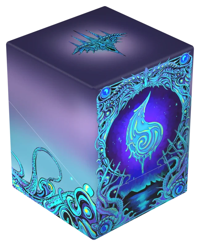 Ultimate Guard 100+ RTE Boulder: Magic: The Gathering: Mana Token - Island (PREORDER) - Purple and blue cube-shaped card storage box with intricate aquatic-themed designs and glowing blue mana symbol on front.