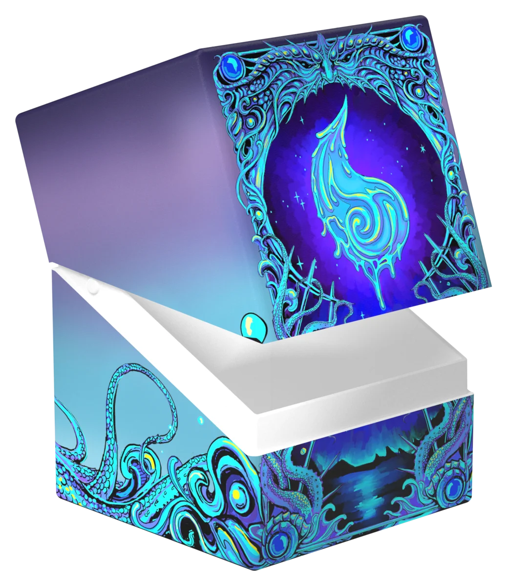 Ultimate Guard 100+ RTE Boulder: Magic: The Gathering: Mana Token - Island (PREORDER) - Open decorative storage box with glowing blue magical symbol and intricate aquatic-themed designs on purple background.