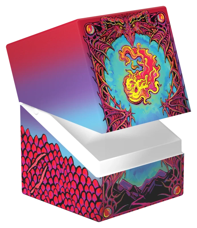 Ultimate Guard 100+ RTE Boulder: Magic: The Gathering: Mana Token - Mountain (PREORDER) - Colorful card storage box with vibrant red and purple gradient, fiery dragon design, and detailed flame emblem on the lid.