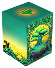 Ultimate Guard 100+ RTE Boulder: Magic: The Gathering: Mana Token - Forest (PREORDER) - Green rectangular card storage box featuring a vibrant illustrated tree with ornate decorative border and glowing.