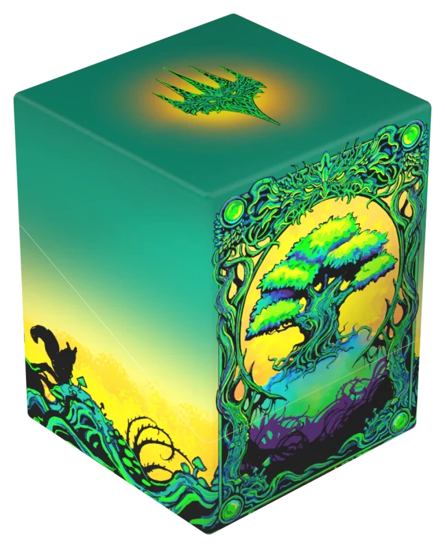 Ultimate Guard 100+ RTE Boulder: Magic: The Gathering: Mana Token - Forest (PREORDER) - Green rectangular card storage box featuring a vibrant illustrated tree with ornate decorative border and glowing.
