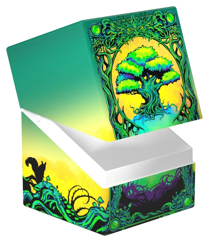 Ultimate Guard 100+ RTE Boulder: Magic: The Gathering: Mana Token - Forest (PREORDER) - Green and yellow rectangular storage box with intricate tree and forest artwork, open lid revealing white interior.