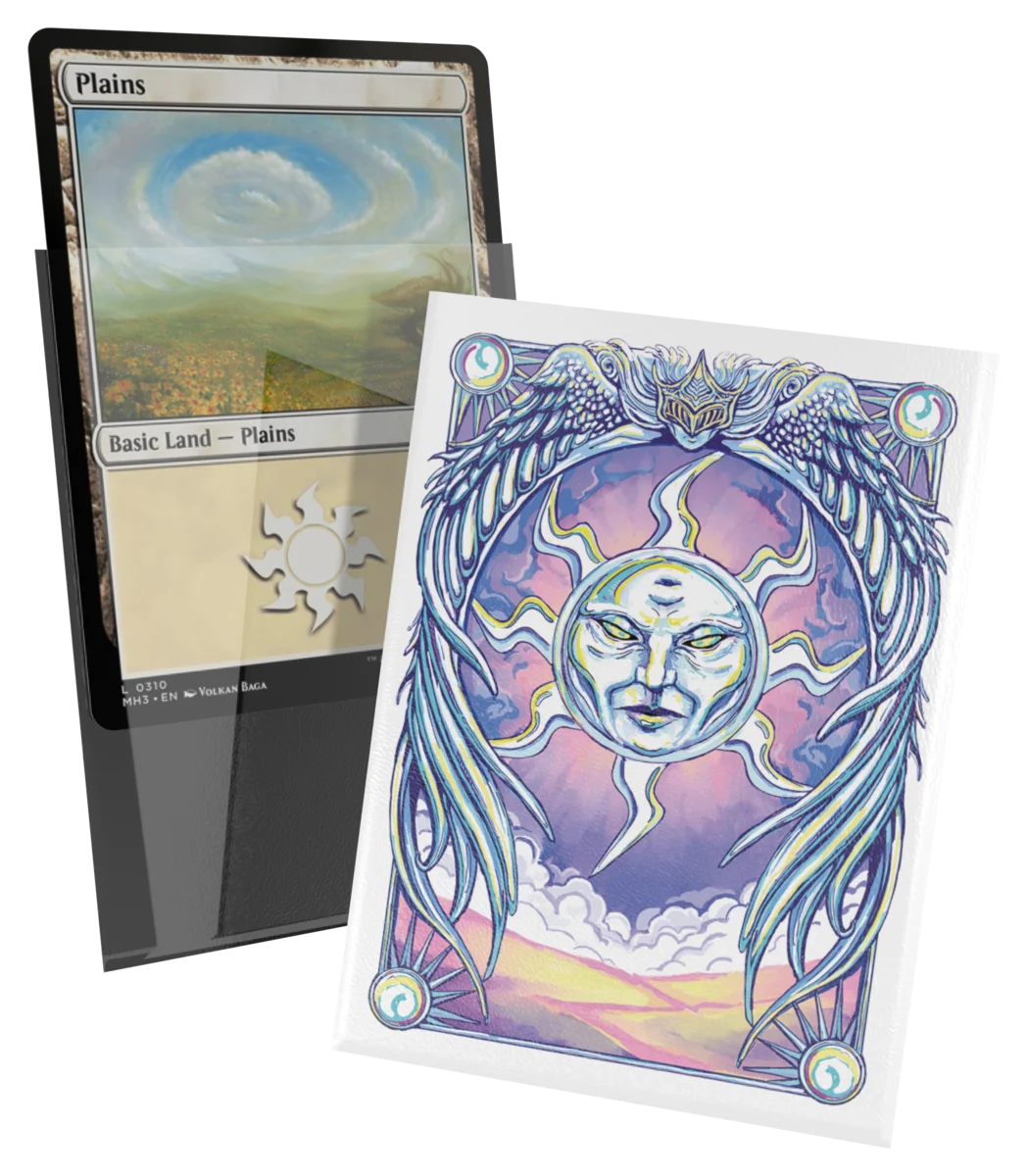 Ultimate Guard Art Sleeves: Magic the Gathering: Mana Token - Plains (PREORDER) - Clear card sleeves featuring a purple sun and moon face design with intricate white wing patterns on the back.