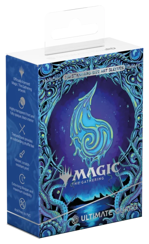 Ultimate Guard Art Sleeves: Magic the Gathering: Mana Token - Island (PREORDER) - Box of Ultimate Guard Art Sleeves featuring a blue Mana Token Island design from Magic the Gathering with swirling water.