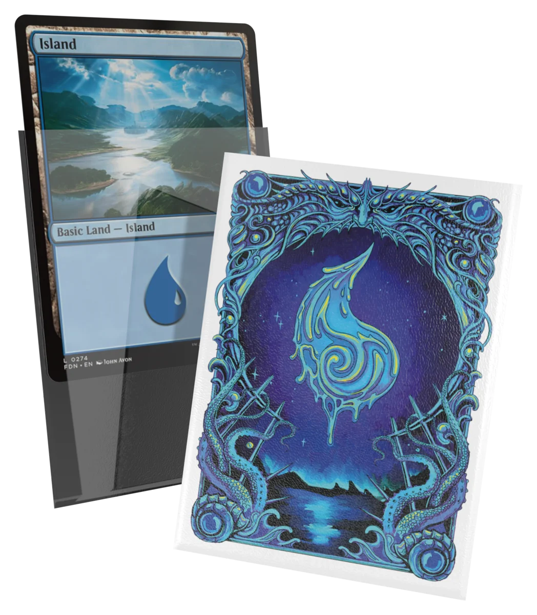 Ultimate Guard Art Sleeves: Magic the Gathering: Mana Token - Island (PREORDER) - Magic the Gathering card sleeve featuring a blue mana drop symbol with intricate aquatic and vine designs on a dark blue.