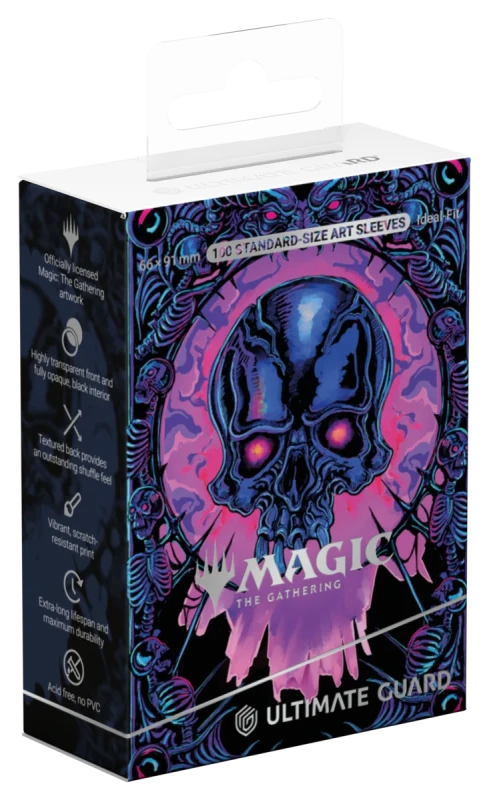 Ultimate Guard Art Sleeves: Magic the Gathering: Mana Token - Swamp (PREORDER) - Black card sleeves featuring a purple and pink glowing skull with red eyes and ornate dark blue accents.
