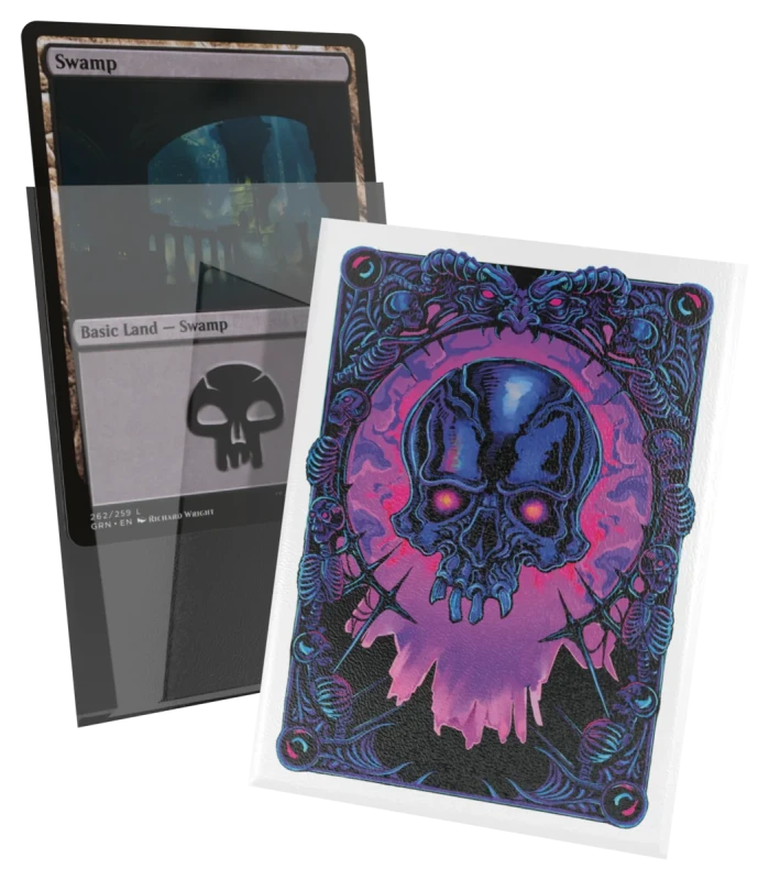 Ultimate Guard Art Sleeves: Magic the Gathering: Mana Token - Swamp (PREORDER) - Magic the Gathering Mana Token card sleeve featuring a purple and black skull design with intricate blue and pink border.