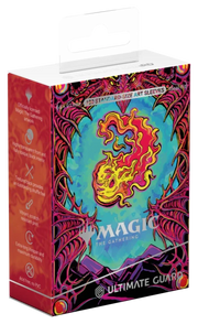 Ultimate Guard Art Sleeves: Magic the Gathering: Mana Token - Mountain (PREORDER) - Colorful card sleeves box featuring fiery red and orange flame art on a blue background with intricate red border designs,.