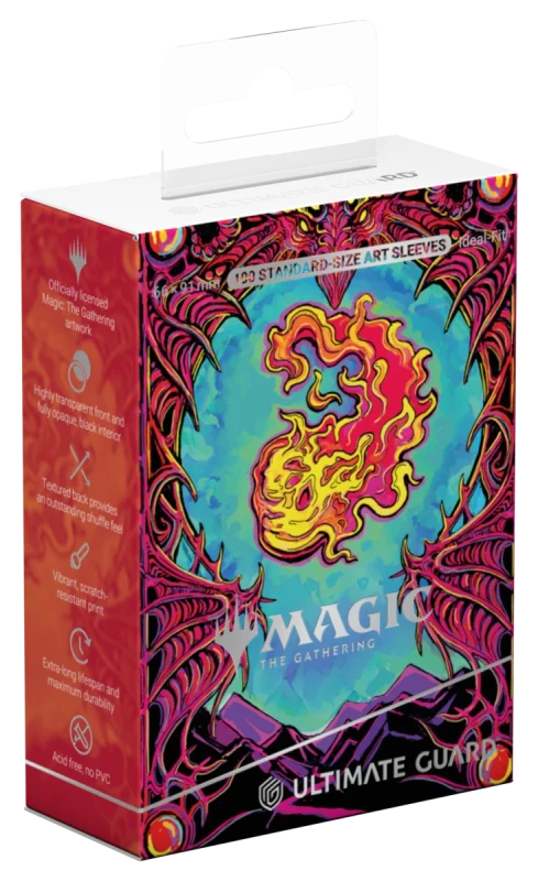 Ultimate Guard Art Sleeves: Magic the Gathering: Mana Token - Mountain (PREORDER) - Colorful card sleeves box featuring fiery red and orange flame art on a blue background with intricate red border designs,.
