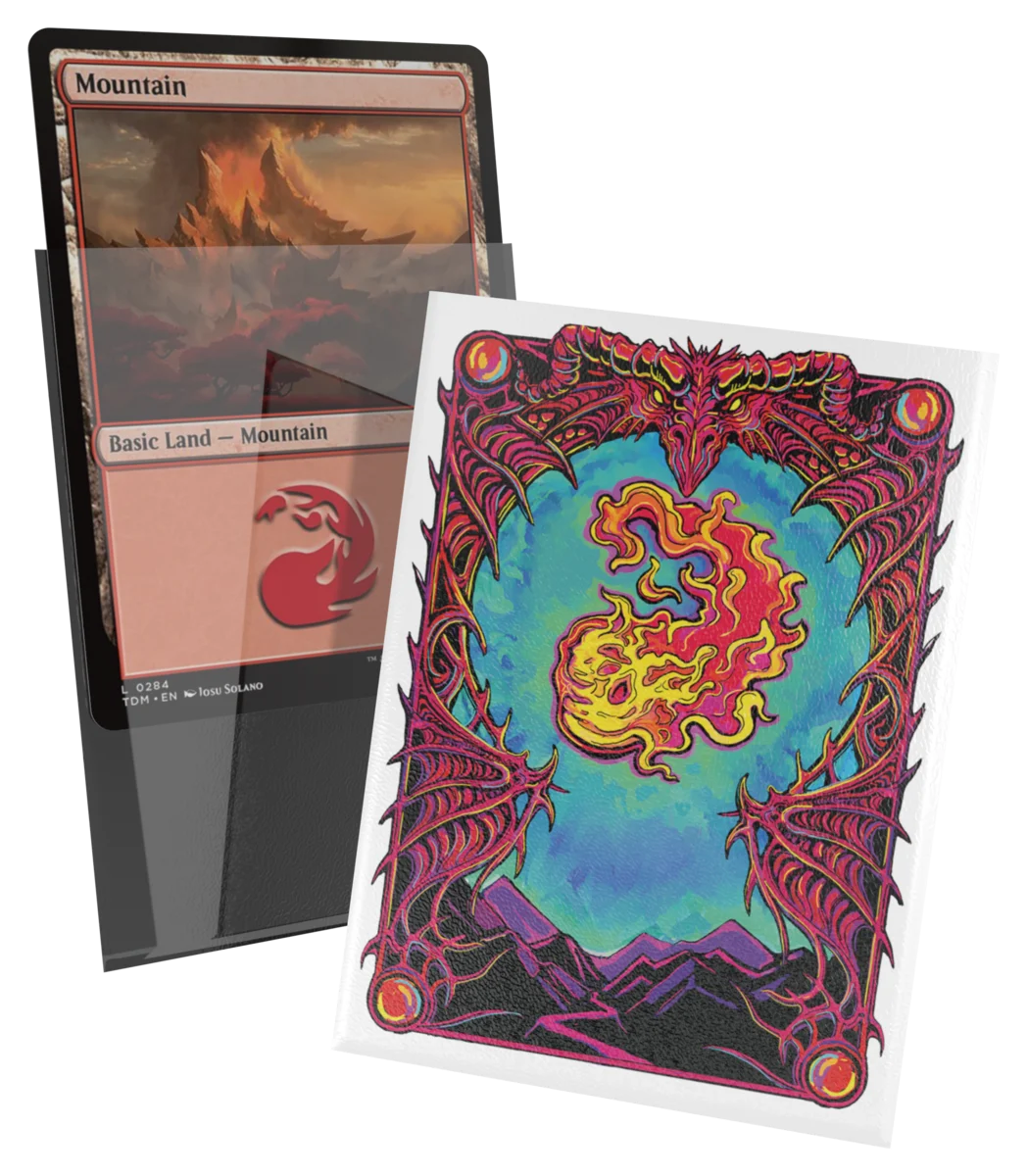 Ultimate Guard Art Sleeves: Magic the Gathering: Mana Token - Mountain (PREORDER) - Clear card sleeve featuring a fiery red and orange mana symbol with dragon and flame artwork on blue and purple background.