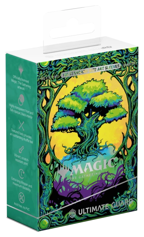 Ultimate Guard Art Sleeves: Magic the Gathering: Mana Token - Forest (PREORDER) - Deck box featuring vibrant green and yellow fantasy tree artwork, designed for Magic the Gathering card sleeves.