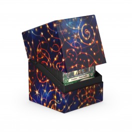 Ultimate Guard RTE Boulder 100+ Deck Box: Bloomburrow - Dawn's Truce - Rectangular deck box with dark blue background and swirling orange, red, and yellow flame-like patterns, partially open.