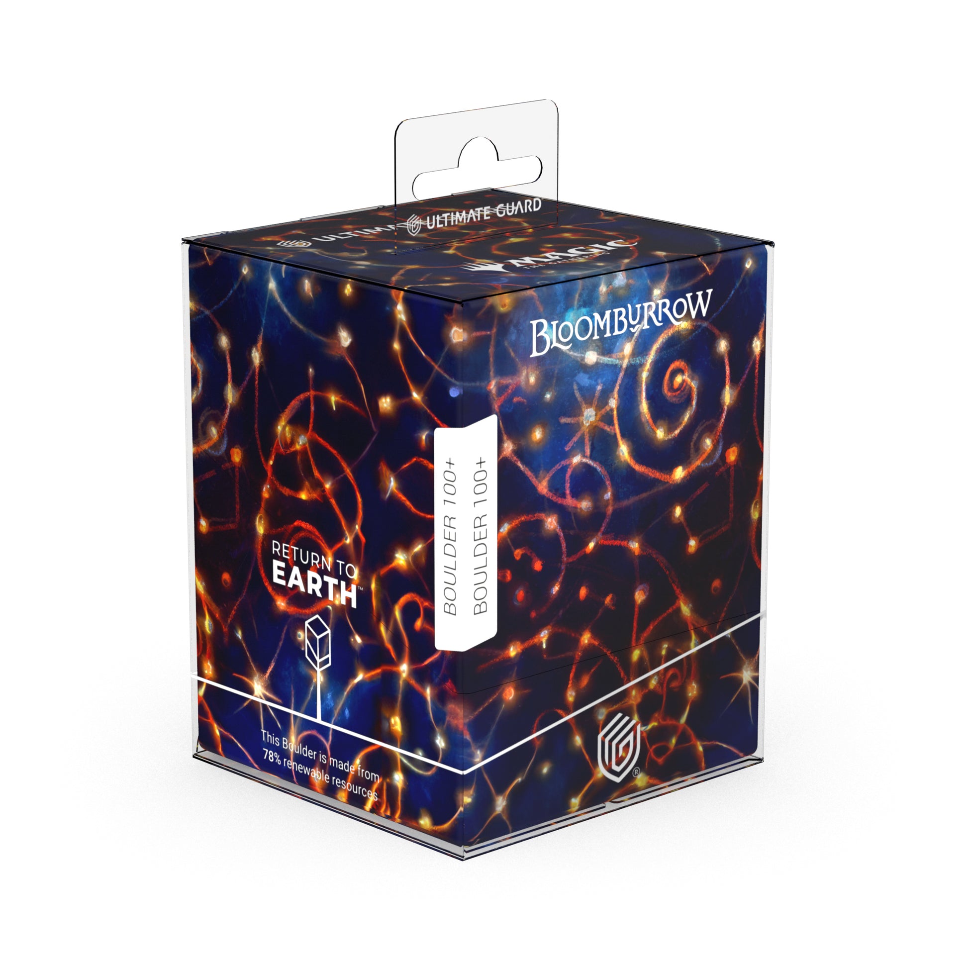 Ultimate Guard RTE Boulder 100+ Deck Box: Bloomburrow - Dawn's Truce - Rectangular deck box with a dark blue background and swirling orange and red flame-like patterns, labeled Bloomburrow -.