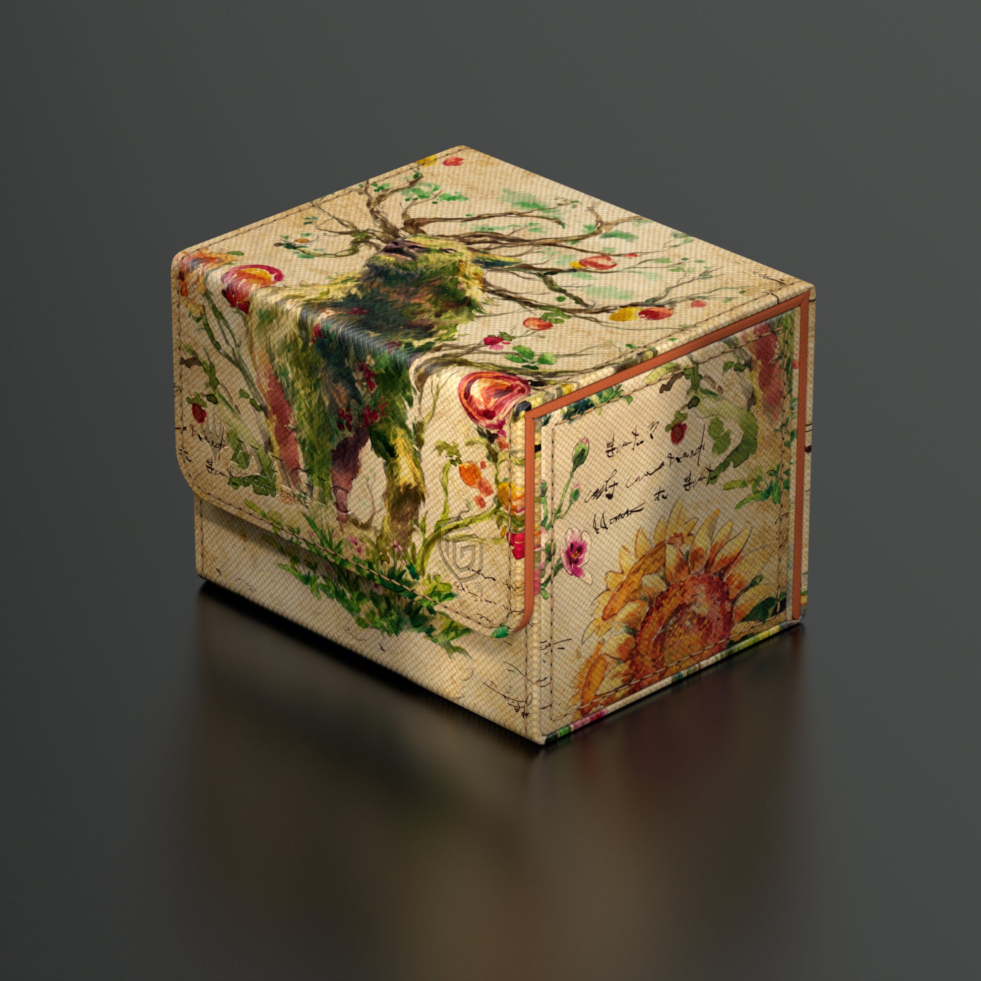 Ultimate Guard Sidewinder 100+ Deck Box: Bloomburrow - Beza, the Bounding Spring - Rectangular deck box with vintage botanical illustrations featuring a bird, flowers, and handwritten script on a cream.