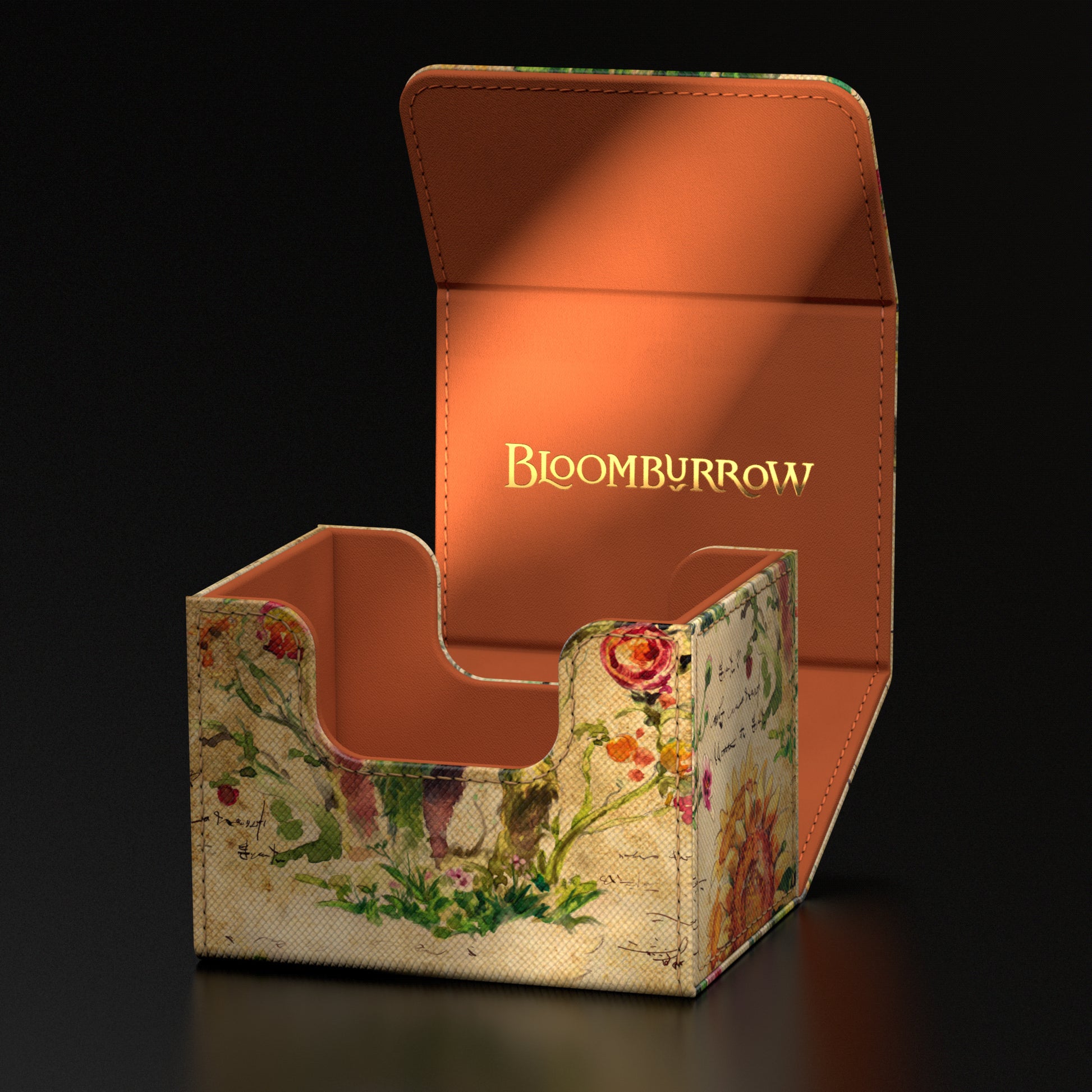 Ultimate Guard Sidewinder 100+ Deck Box: Bloomburrow - Beza, the Bounding Spring - Floral-patterned rectangular deck box with open orange lid embossed with "Bloomburrow" logo.