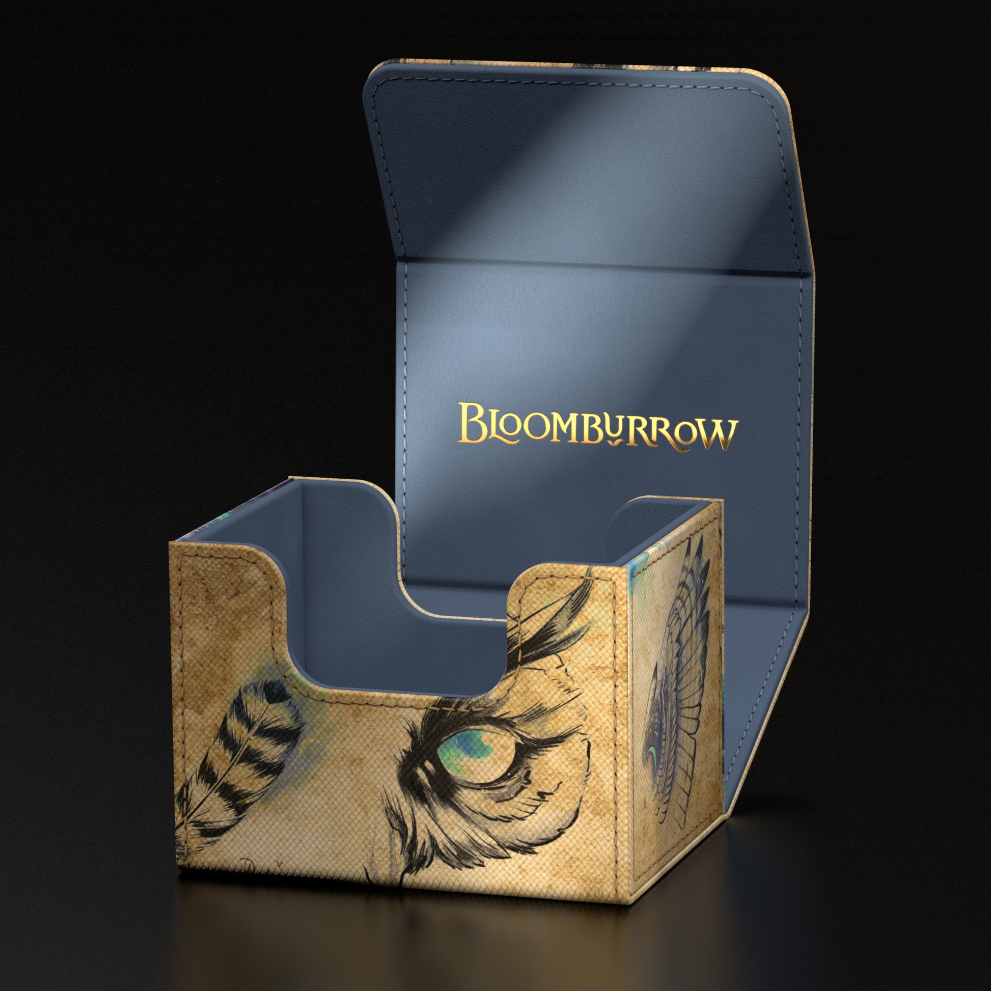 Ultimate Guard Sidewinder 100+ Deck Box: Bloomburrow - Maha, Its Featherless Night - Rectangular card deck box with hinged lid, featuring detailed owl eye artwork in earthy tones and dark blue interior with.