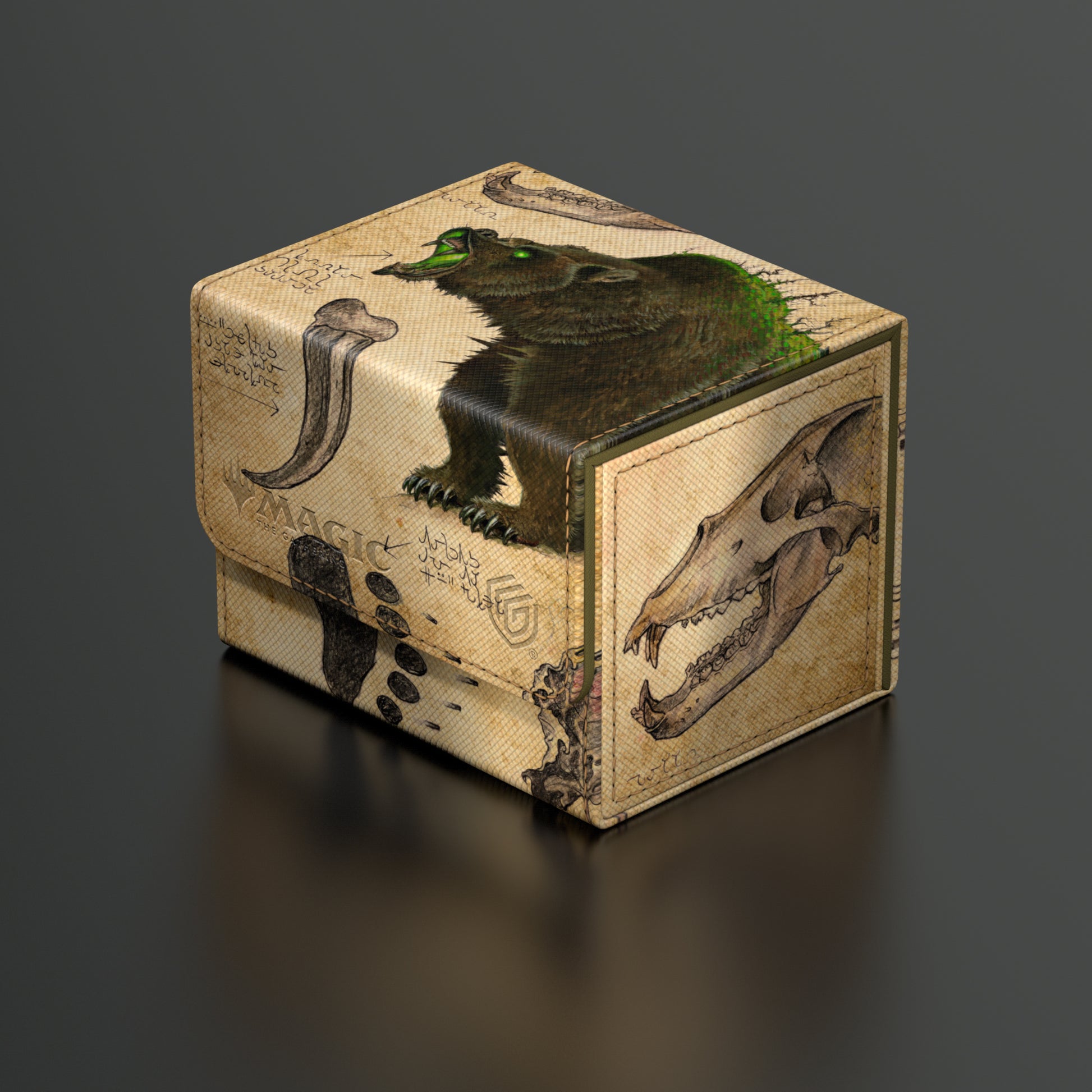 Ultimate Guard Sidewinder 100+ Deck Box: Bloomburrow - Lumra, Bellow of the Woods - Square deck box with aged parchment design featuring a roaring bear and skull illustrations in earthy tones.