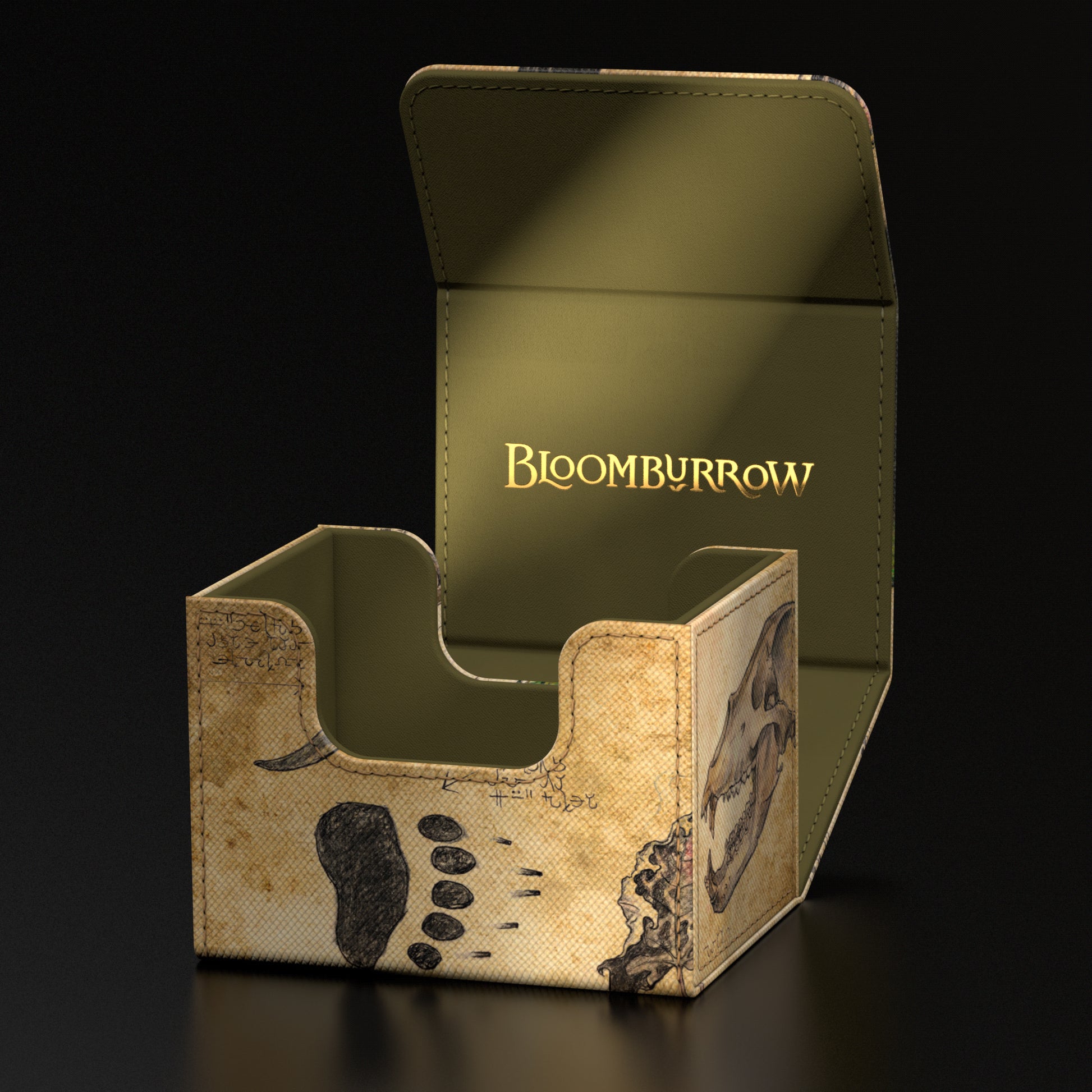 Ultimate Guard Sidewinder 100+ Deck Box: Bloomburrow - Lumra, Bellow of the Woods - Earth-toned card deck box with open lid, featuring a bear paw print and nature-inspired artwork.