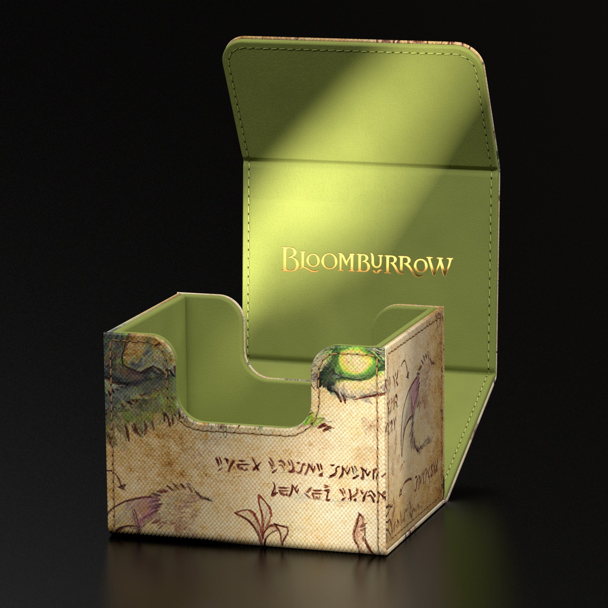 Ultimate Guard Sidewinder 100+ Deck Box: Bloomburrow - Ygra, Eater of All - Foldable deck box with fantasy-themed parchment design and gold "Bloomburrow" text inside lid.