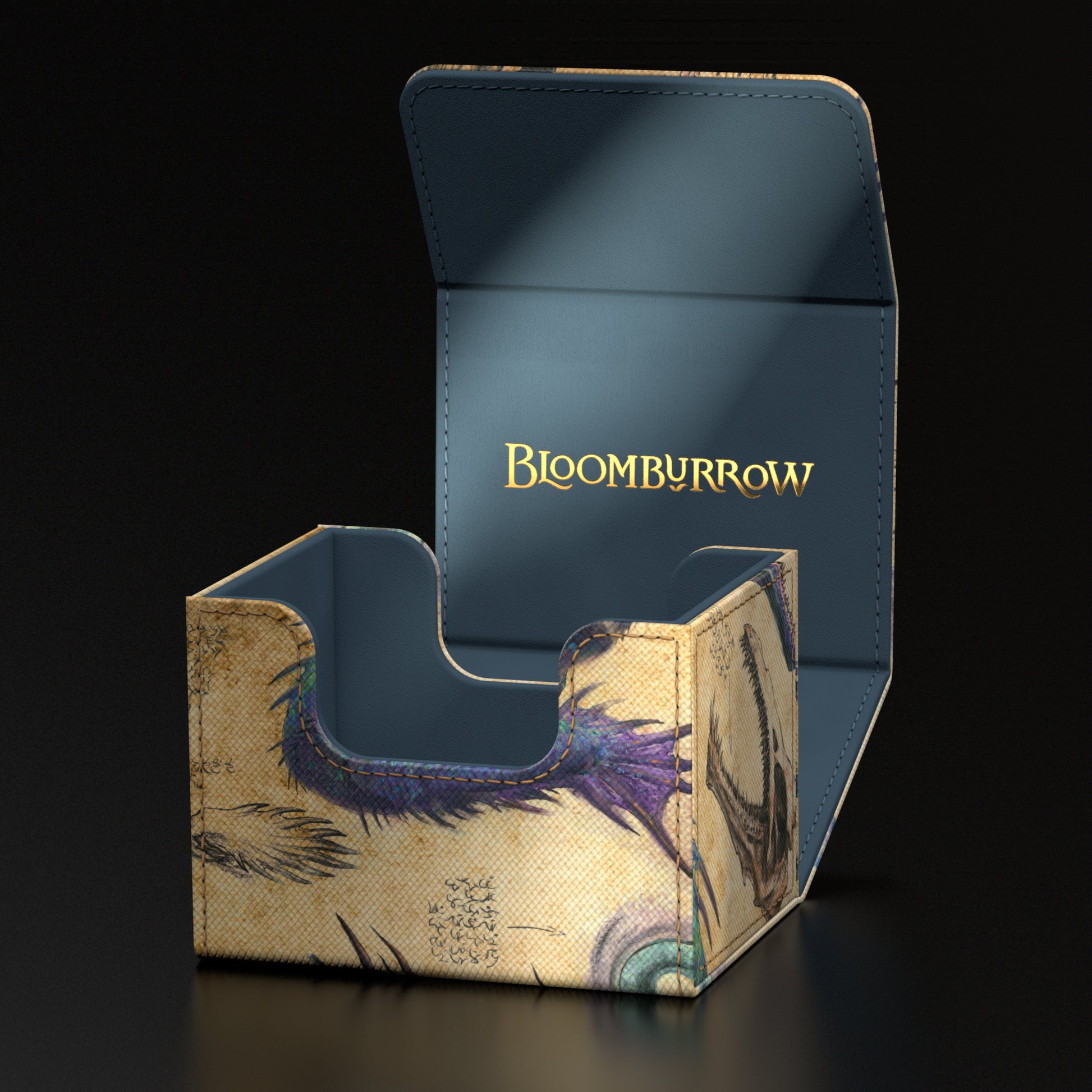 Ultimate Guard Sidewinder 100+ Deck Box: Bloomburrow - Eluge, the Shoreless Sea - Compact rectangular deck box with illustrated natural wood texture and purple feather accents, navy blue interior, and gold.