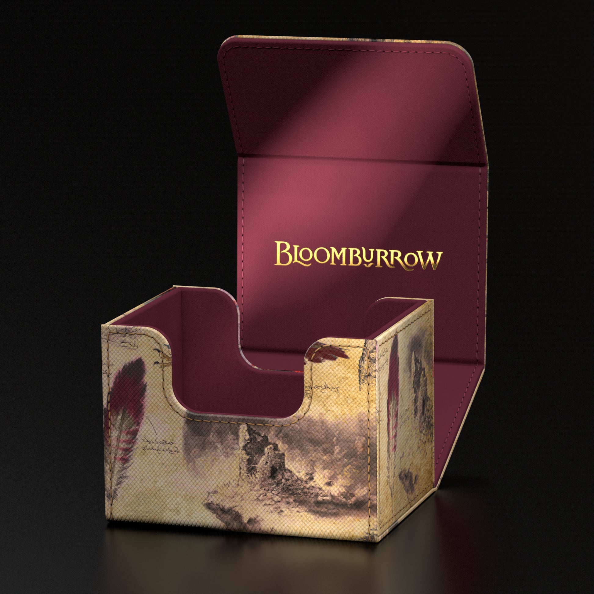 Ultimate Guard Sidewinder 100+ Deck Box: Bloomburrow - Dragonhawk, Fate's Tempest - Rectangular deck box with maroon interior and textured outer design featuring earthy tones and abstract patterns, flap lid.