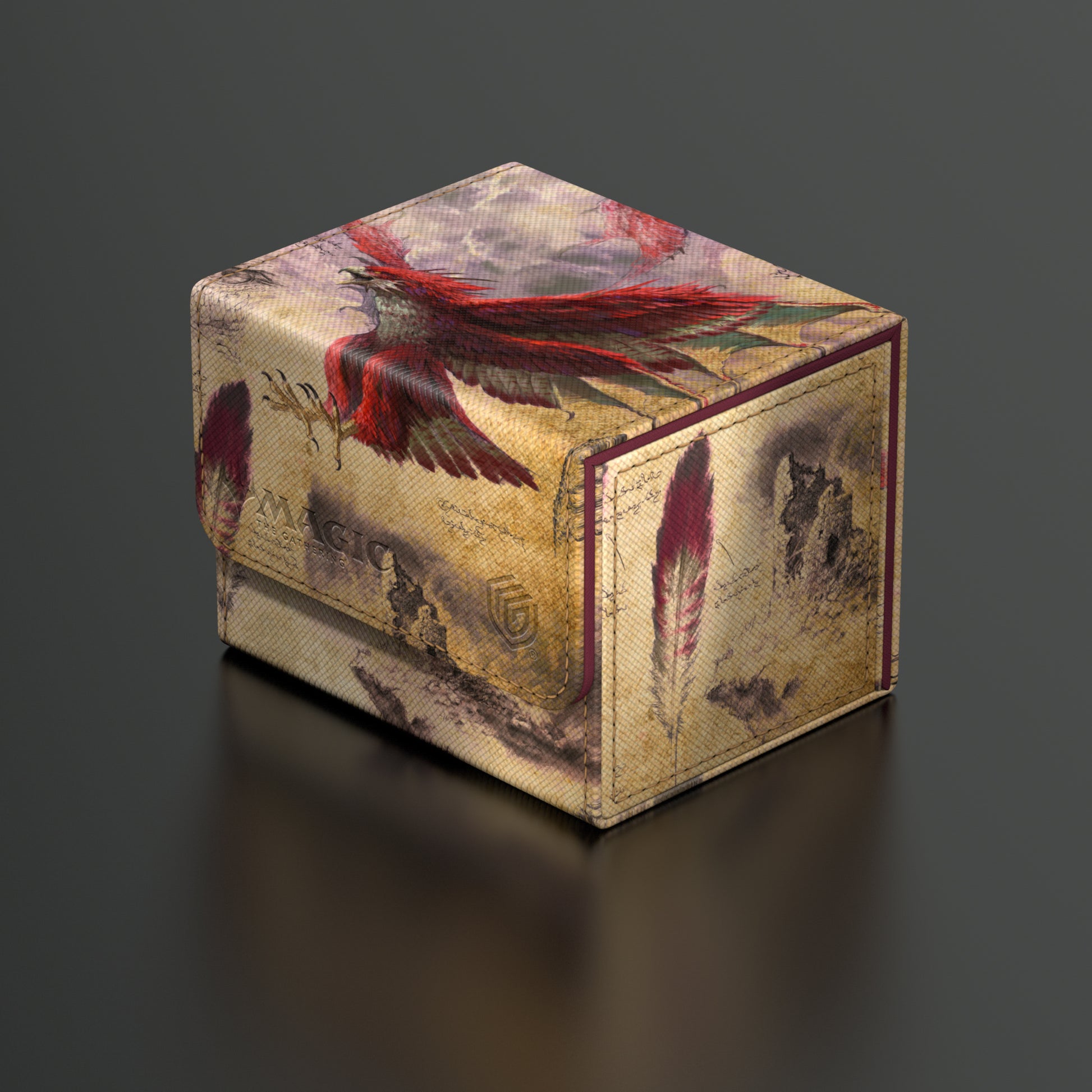 Ultimate Guard Sidewinder 100+ Deck Box: Bloomburrow - Dragonhawk, Fate's Tempest - Compact rectangular deck box with dragon-themed art in red and beige tones, featuring a sturdy matte finish and secure latch.