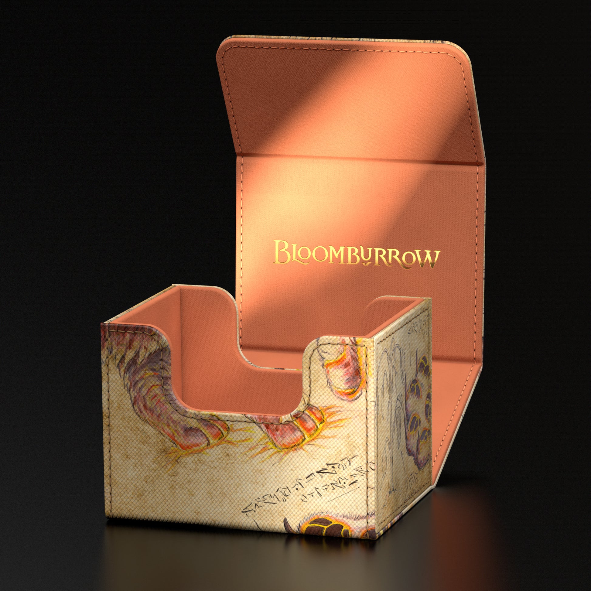 Ultimate Guard Sidewinder 100+ Deck Box: Bloomburrow - Sunspine Lynx - Open rectangular deck box with earthy tan interior and detailed fantasy map design on exterior sides.