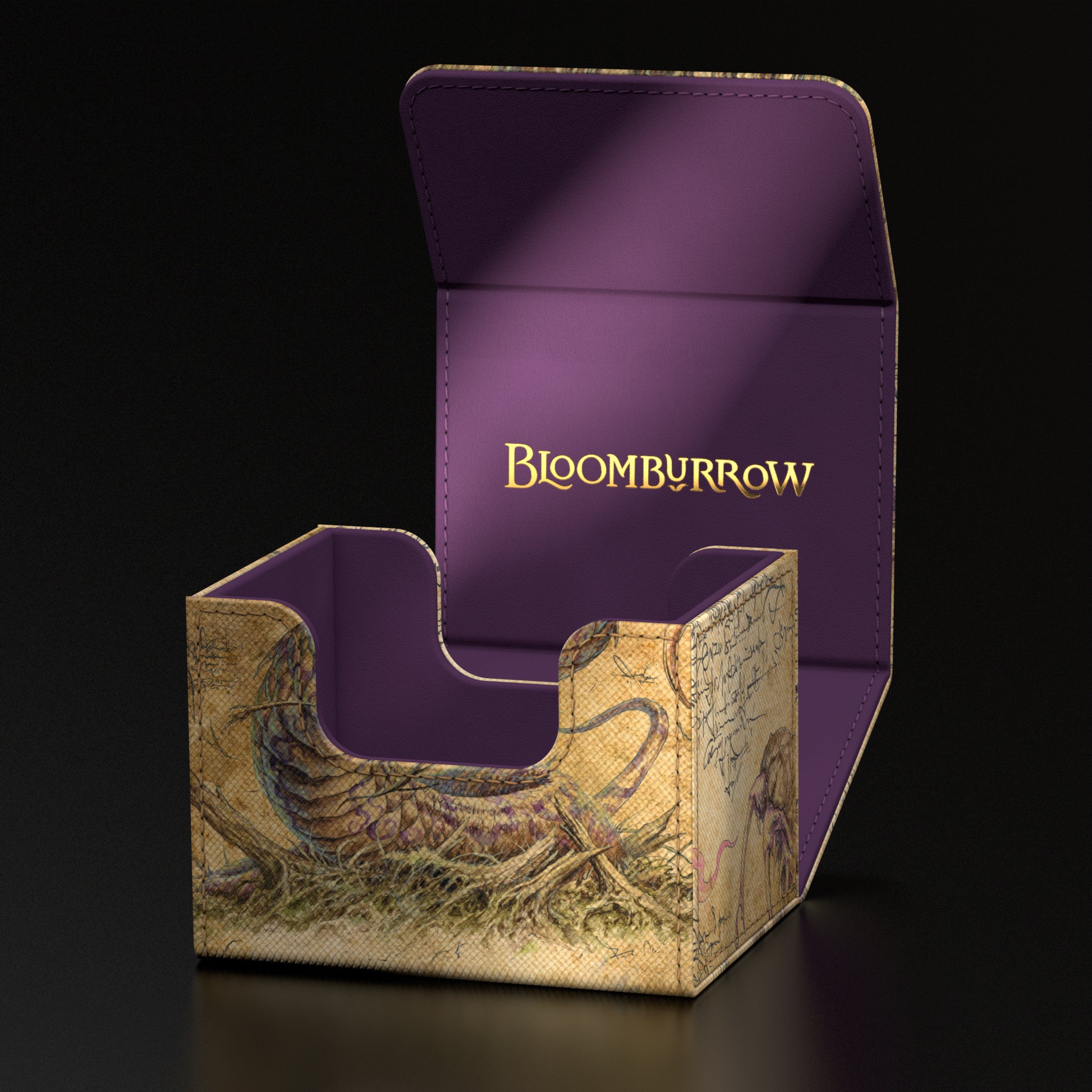 Ultimate Guard Sidewinder 100+ Deck Box: Bloomburrow - Rottenmouth Viper - Purple and gold card deck box with Bloomburrow logo, detailed snake and leaf artwork, textured finish.