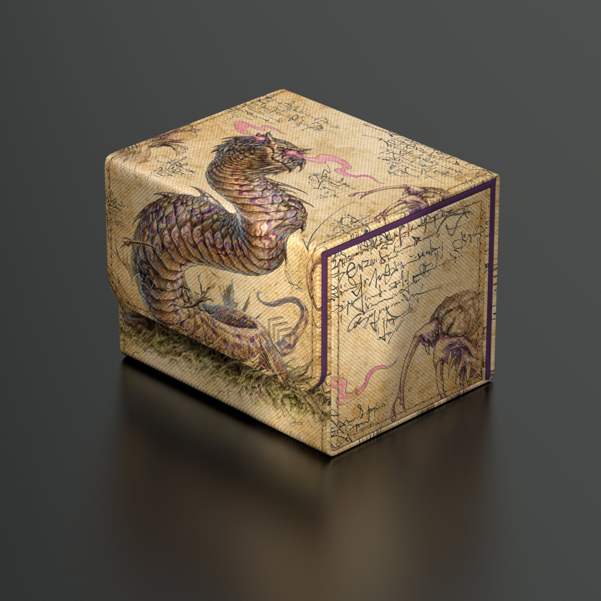 Ultimate Guard Sidewinder 100+ Deck Box: Bloomburrow - Rottenmouth Viper - Rectangular deck box with vintage parchment design featuring a coiled, brown and purple viper and botanical sketches.