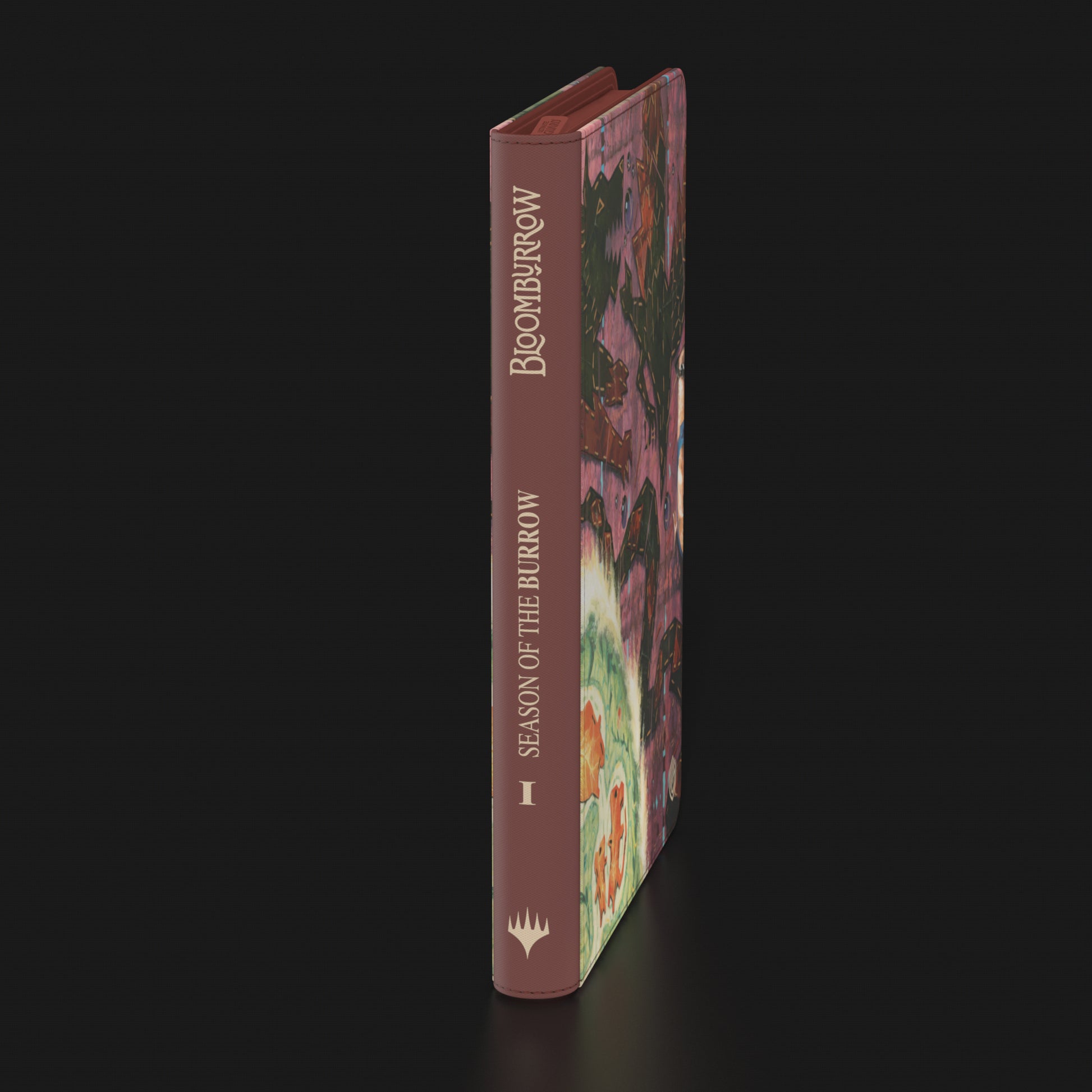 Ultimate Guard Zipfolio 360 Xenoskin: Bloomburrow - Season of the Burrow - Brown and green textured zipfolio with abstract floral design and gold foil text on spine.