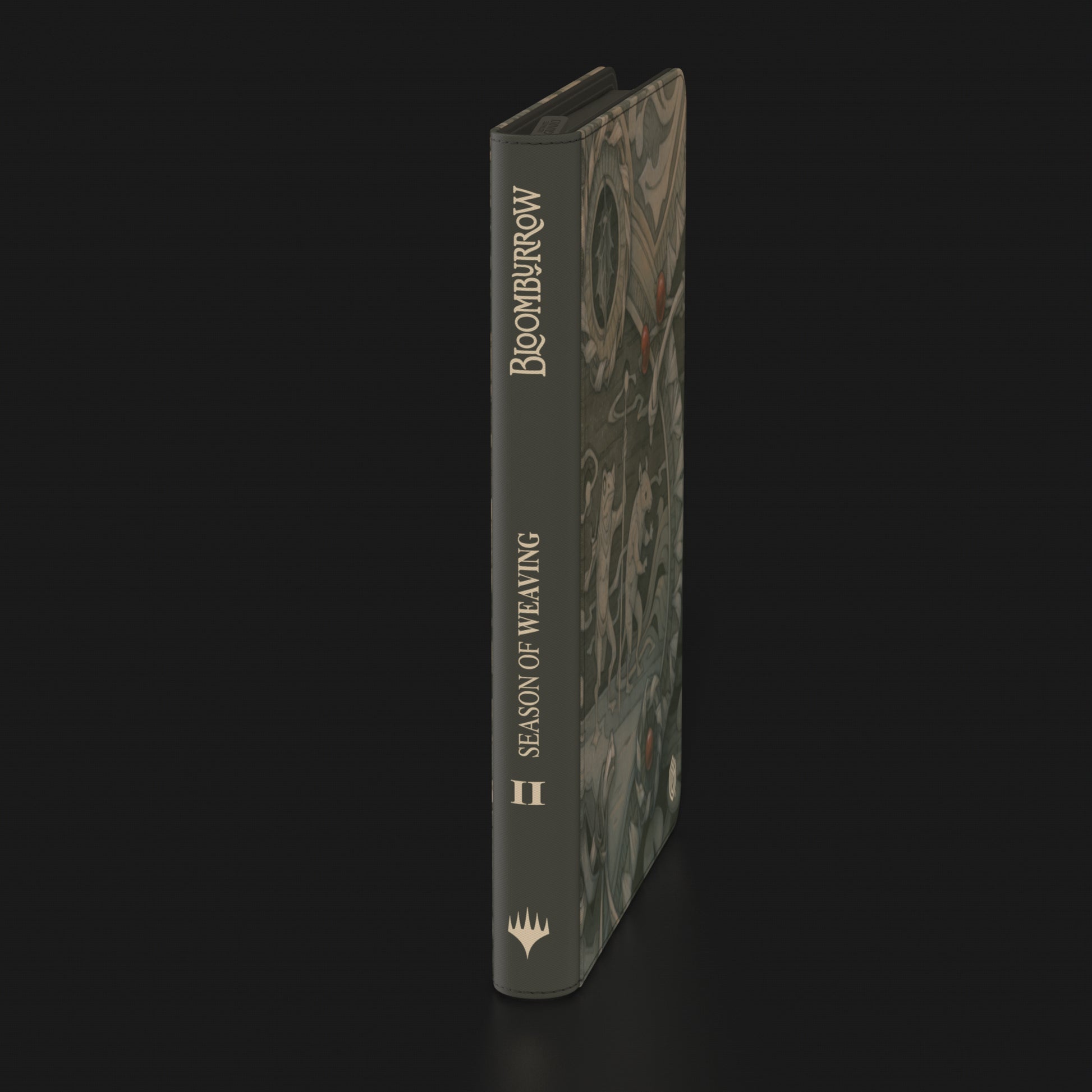 Ultimate Guard Zipfolio 360 Xenoskin: Bloomburrow - Season of Weaving - Black and dark green zipfolio with intricate leafy pattern and gold "Bloomburrow Season of Weaving" text on spine.