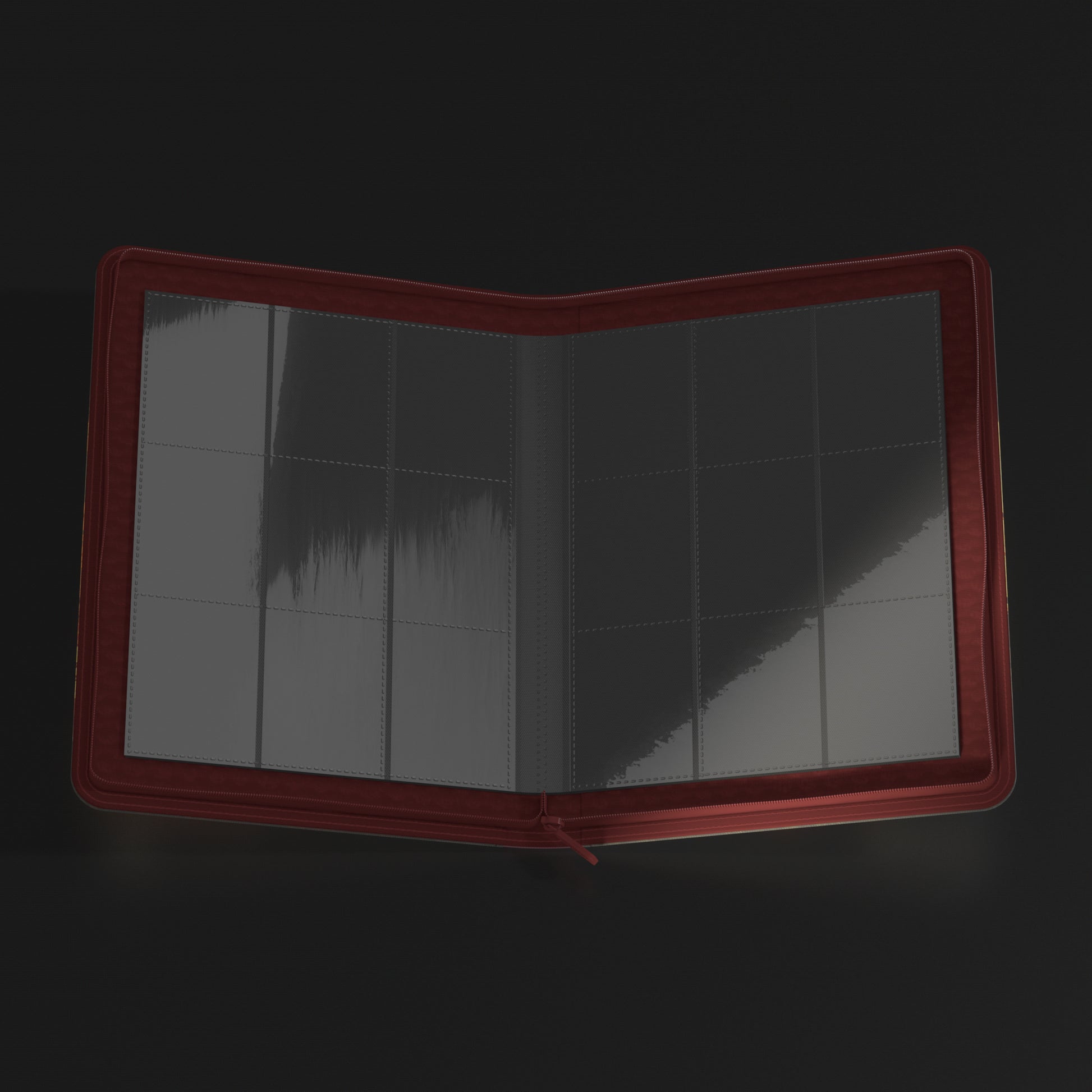 Ultimate Guard Zipfolio 360 Xenoskin: Bloomburrow - Season of Loss - Dark red Ultimate Guard Zipfolio 360 Xenoskin binder with clear plastic card sleeves inside.