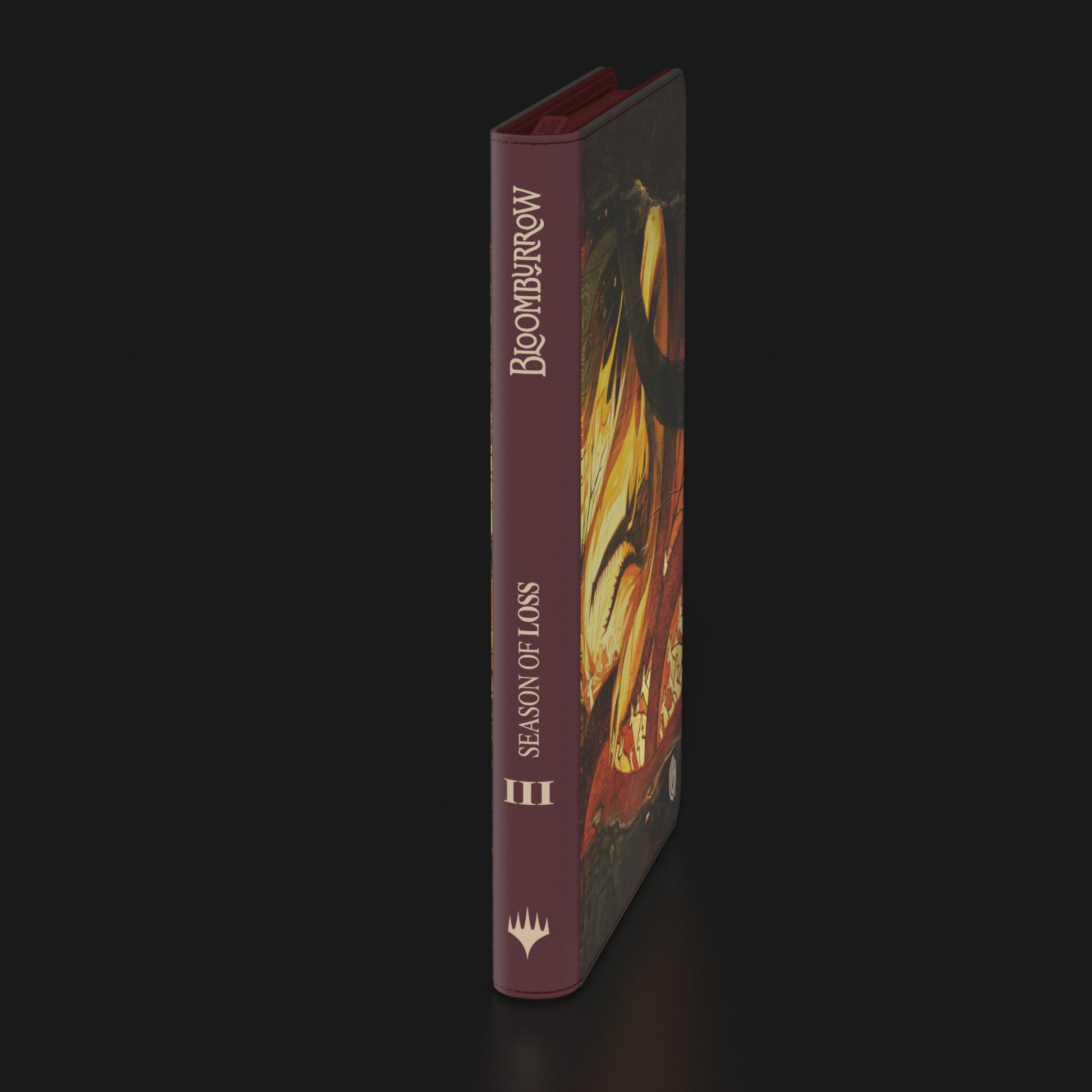 Ultimate Guard Zipfolio 360 Xenoskin: Bloomburrow - Season of Loss - Slim maroon zipfolio with vibrant abstract artwork on front and gold text on spine reading "Bloomburrow" and "Season of.