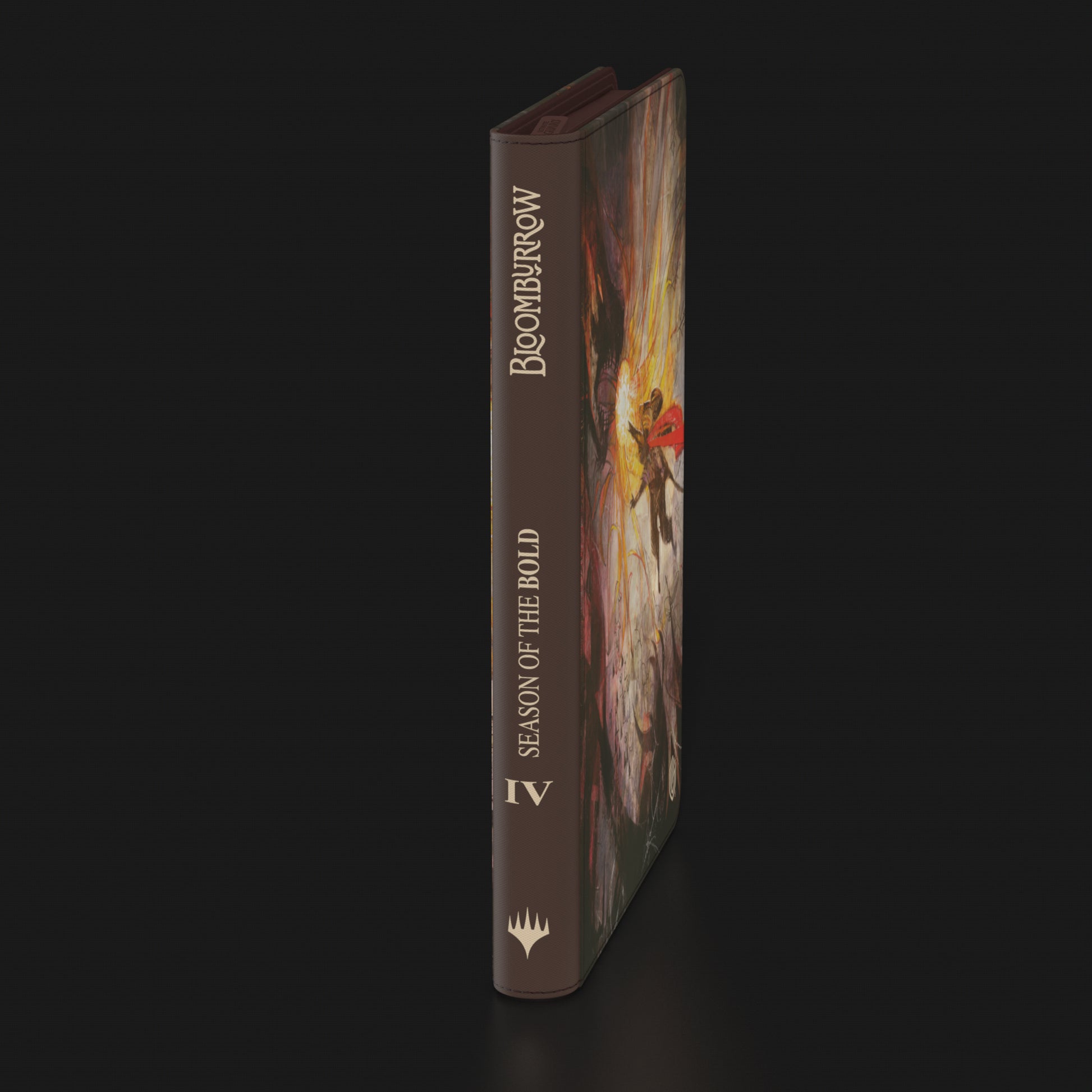 Ultimate Guard Zipfolio 360 Xenoskin: Bloomburrow - Season of the Bold - Brown zipfolio with textured surface featuring fantasy artwork of a warrior and bold text on spine reading "Bloomburrow -.