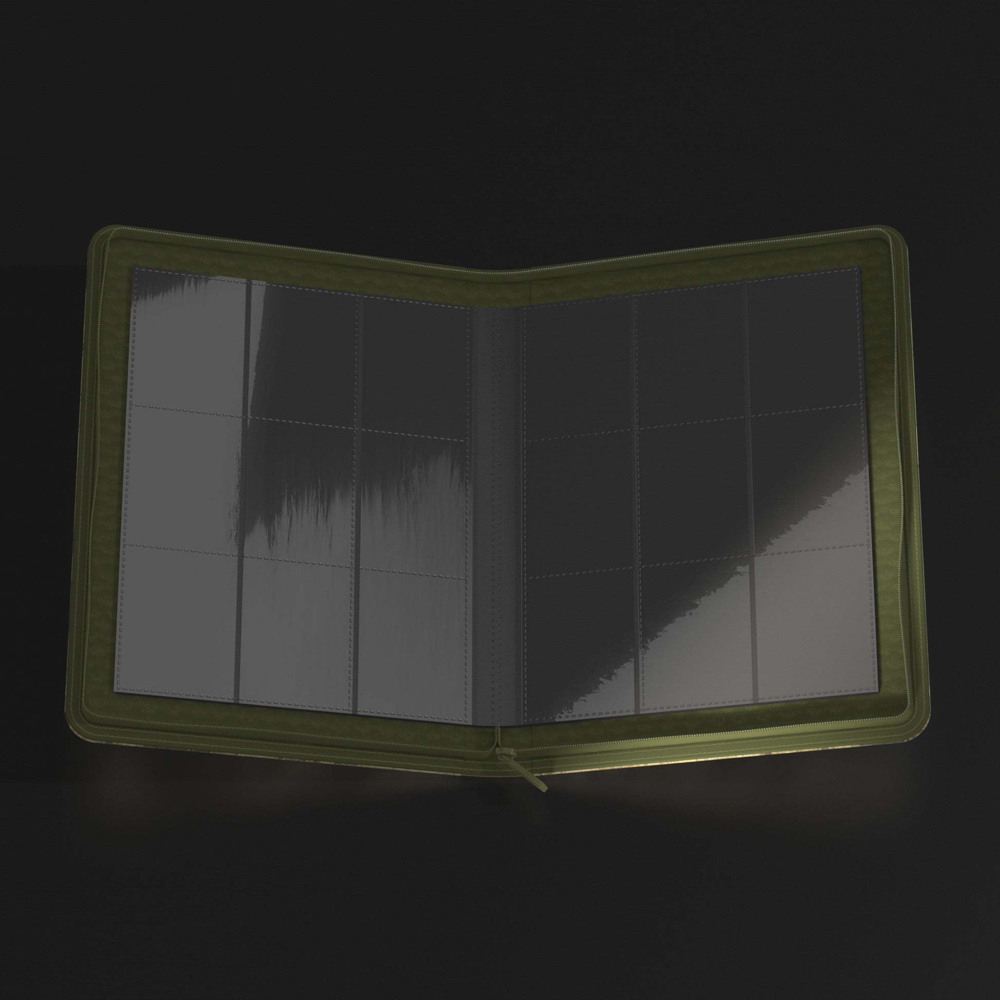 Ultimate Guard Zipfolio 360 Xenoskin: Bloomburrow - Season of Gathering - Dark green zipfolio binder with transparent plastic card sleeves inside, open flat against black background.