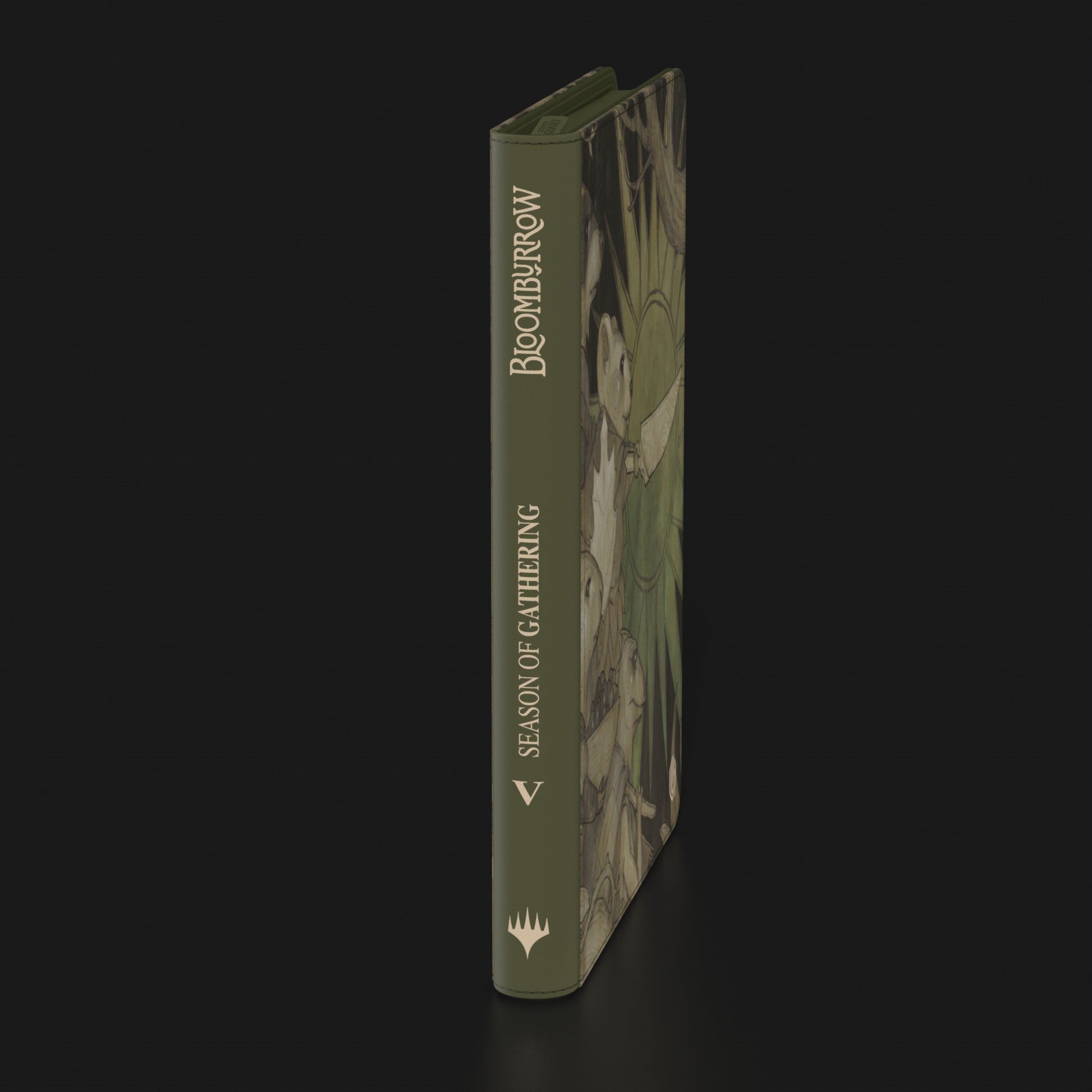 Ultimate Guard Zipfolio 360 Xenoskin: Bloomburrow - Season of Gathering - Dark green zipfolio binder featuring detailed botanical illustrations and gold foil text on spine.