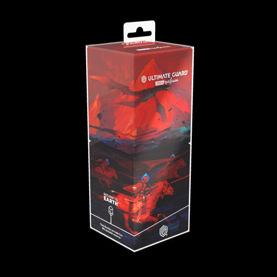 Ultimate Guard RTE Boulder 100+ 2024 Exclusive Dominik Mayer: Crowned with Fire (Copy) - Red and black Ultimate Guard deck box with fiery dragon artwork and transparent sides.