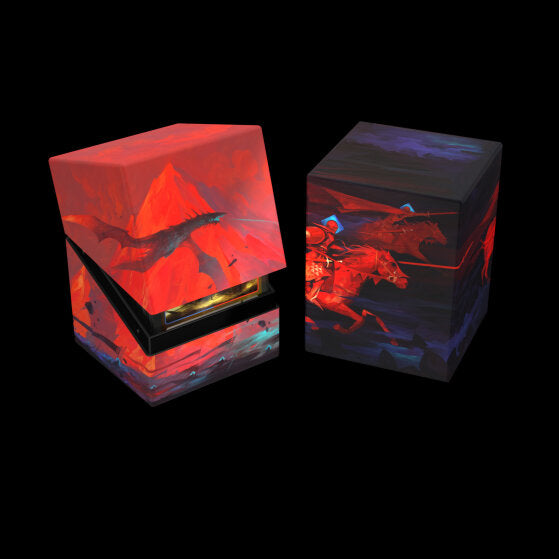 Ultimate Guard RTE Boulder 100+ 2024 Exclusive Dominik Mayer: Crowned with Fire (Copy) - Two glossy card storage boxes with fiery red and dark purple fantasy artwork featuring a crowned figure on horseback and a.